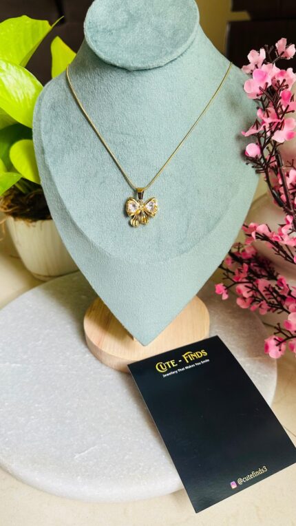 Bow with Embedded Stone Gold Plated Necklace